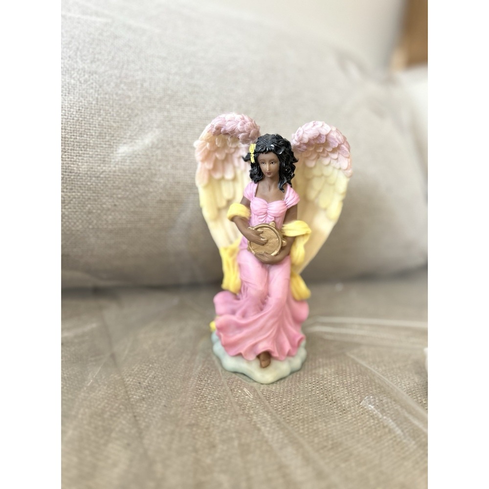 HERTCO Angel Figurine Pink Dress Gold‎ Tambourine Pastel Wings Resin 6-7"